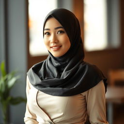 A portrait of an Asian woman wearing a fashionable hijab, radiating confidence and beauty