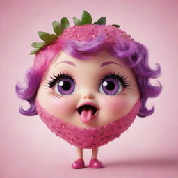 Illustrate an irresistibly cute strawberry character, endowed with big sparkling pink eyes, voluptuous pink lips, a tuft of whimsical purple hair, and a playful pink tongue.