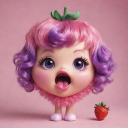 Illustrate an irresistibly cute strawberry character, endowed with big sparkling pink eyes, voluptuous pink lips, a tuft of whimsical purple hair, and a playful pink tongue.