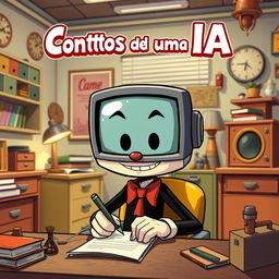 A Cuphead-style cartoon humanoid with a screen head, sitting in a quirky office room, intensely focused on writing on a piece of paper