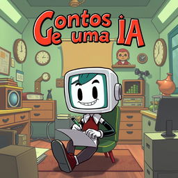 A Cuphead-style cartoon humanoid with a screen head, sitting in a quirky office room, intensely focused on writing on a piece of paper