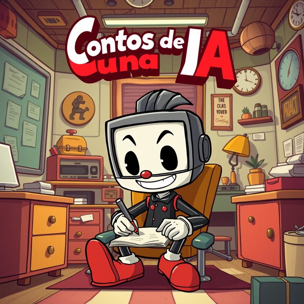 A Cuphead-style cartoon humanoid with a screen head, sitting in a quirky office room, intensely focused on writing on a piece of paper