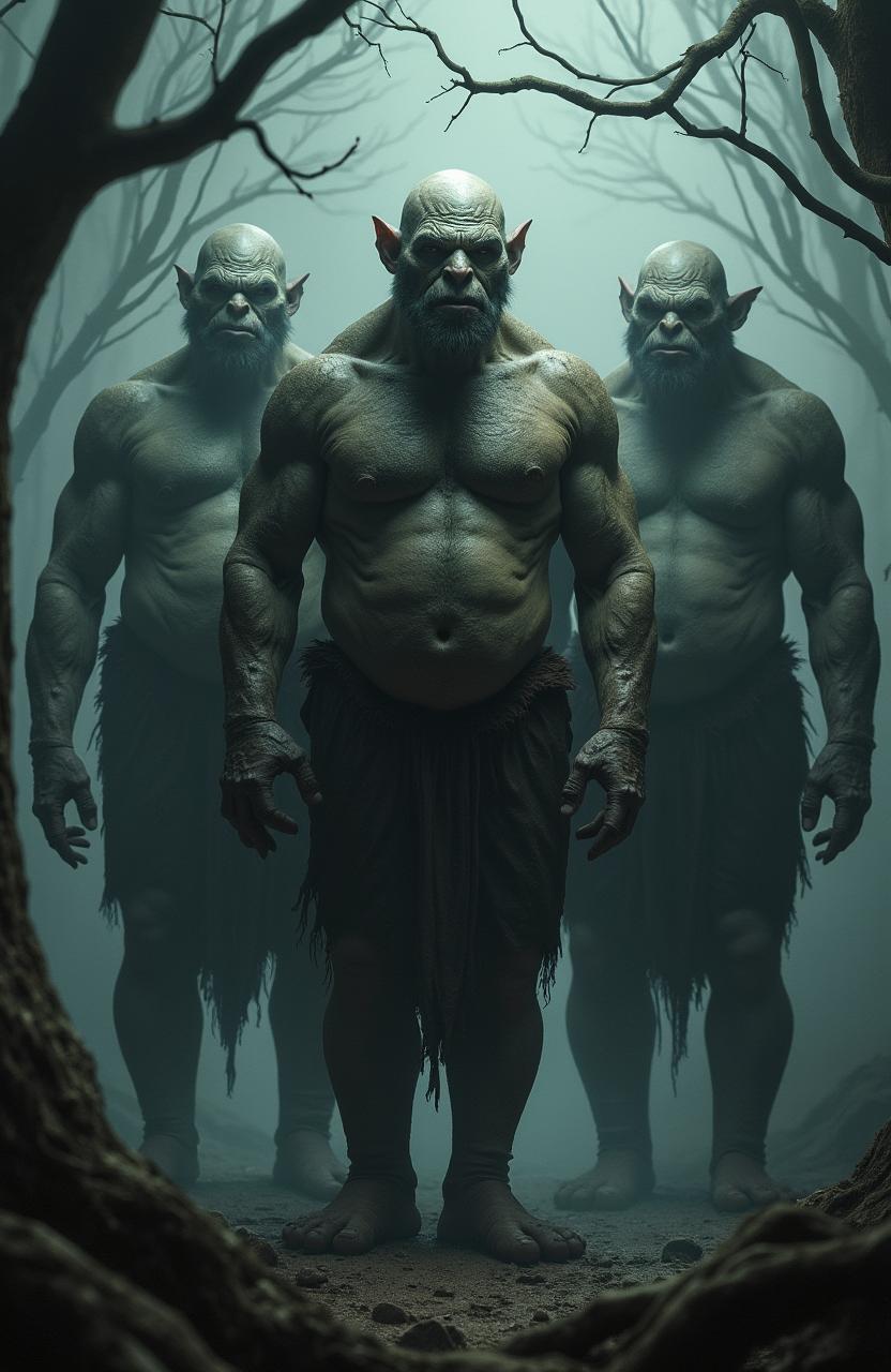 A gritty live-action hyper-realistic portrayal of three bald trolls inspired by The Hobbit