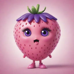 Illustrate an irresistibly cute strawberry character, endowed with big sparkling pink eyes, voluptuous pink lips, a tuft of whimsical purple hair, and a playful pink tongue.