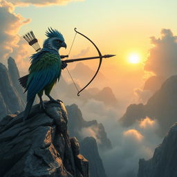 Aarakocra sniper perched high atop a rocky cliff surrounded by misty mountains, showcasing their elegant avian features, with vibrant feathers in shades of blue and green