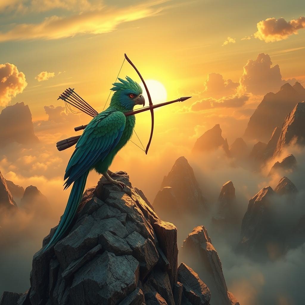 Aarakocra sniper perched high atop a rocky cliff surrounded by misty mountains, showcasing their elegant avian features, with vibrant feathers in shades of blue and green