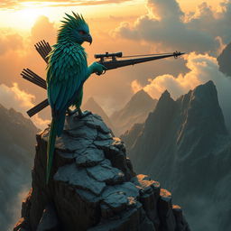 Aarakocra sniper perched high atop a rocky cliff surrounded by misty mountains, showcasing their elegant avian features, with vibrant feathers in shades of blue and green