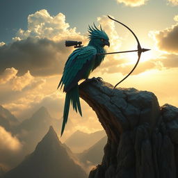 Aarakocra sniper perched high atop a rocky cliff surrounded by misty mountains, showcasing their elegant avian features, with vibrant feathers in shades of blue and green