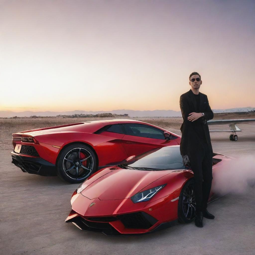 Two best friends, casually leaning against their shiny red Lamborghini, with their sleek private jet parked behind them under the sunset sky.