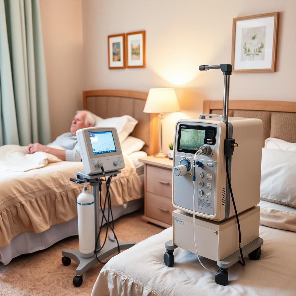 An equipped bedroom specifically arranged for an elderly individual requiring respiratory support