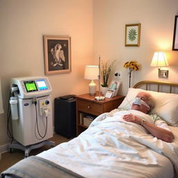 An equipped bedroom specifically arranged for an elderly individual requiring respiratory support