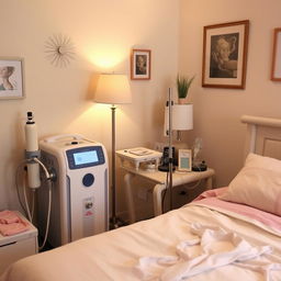 An equipped bedroom specifically arranged for an elderly individual requiring respiratory support