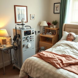 An equipped bedroom specifically arranged for an elderly individual requiring respiratory support