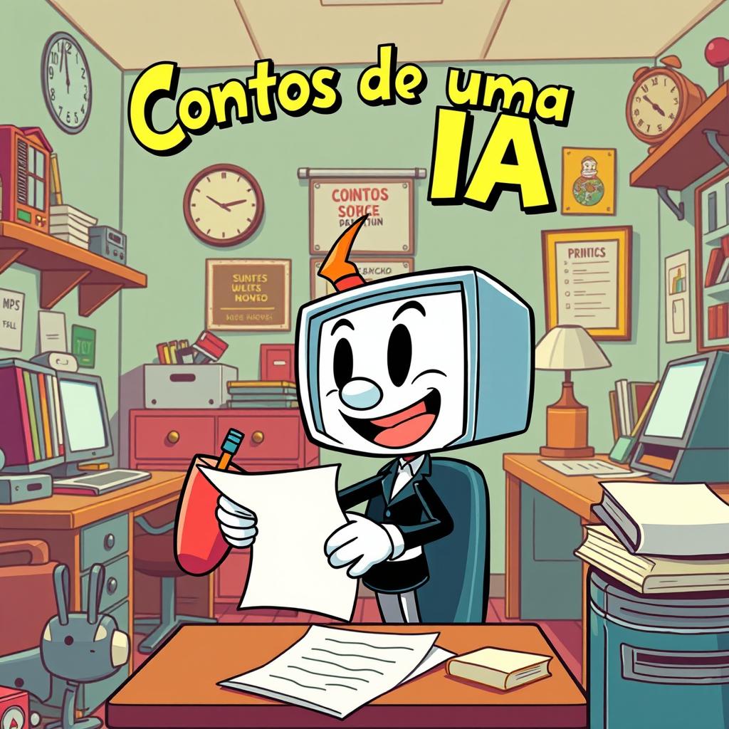 A Cuphead-style cartoon humanoid with a screen head, energetically writing on a piece of paper in a whimsical office room