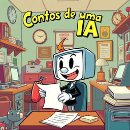 A Cuphead-style cartoon humanoid with a screen head, energetically writing on a piece of paper in a whimsical office room