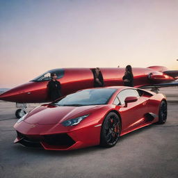 Two best friends, casually leaning against their shiny red Lamborghini, with their sleek private jet parked behind them under the sunset sky.