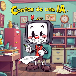 A Cuphead-style cartoon humanoid with a screen head, energetically writing on a piece of paper in a whimsical office room