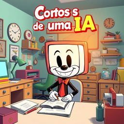 A Cuphead-style cartoon humanoid with a screen head, energetically writing on a piece of paper in a whimsical office room