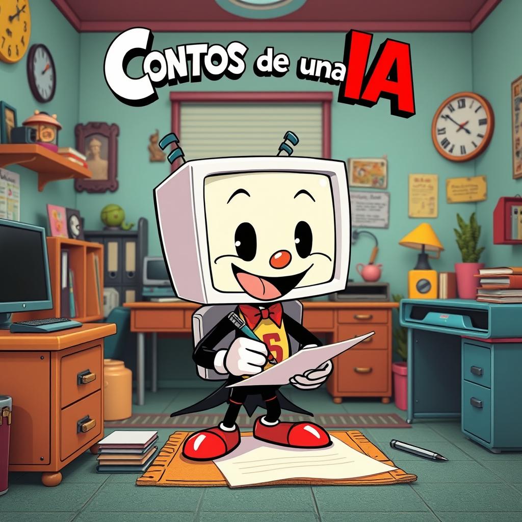 A Cuphead-style cartoon humanoid with a screen head, energetically writing on a piece of paper in a whimsical office room