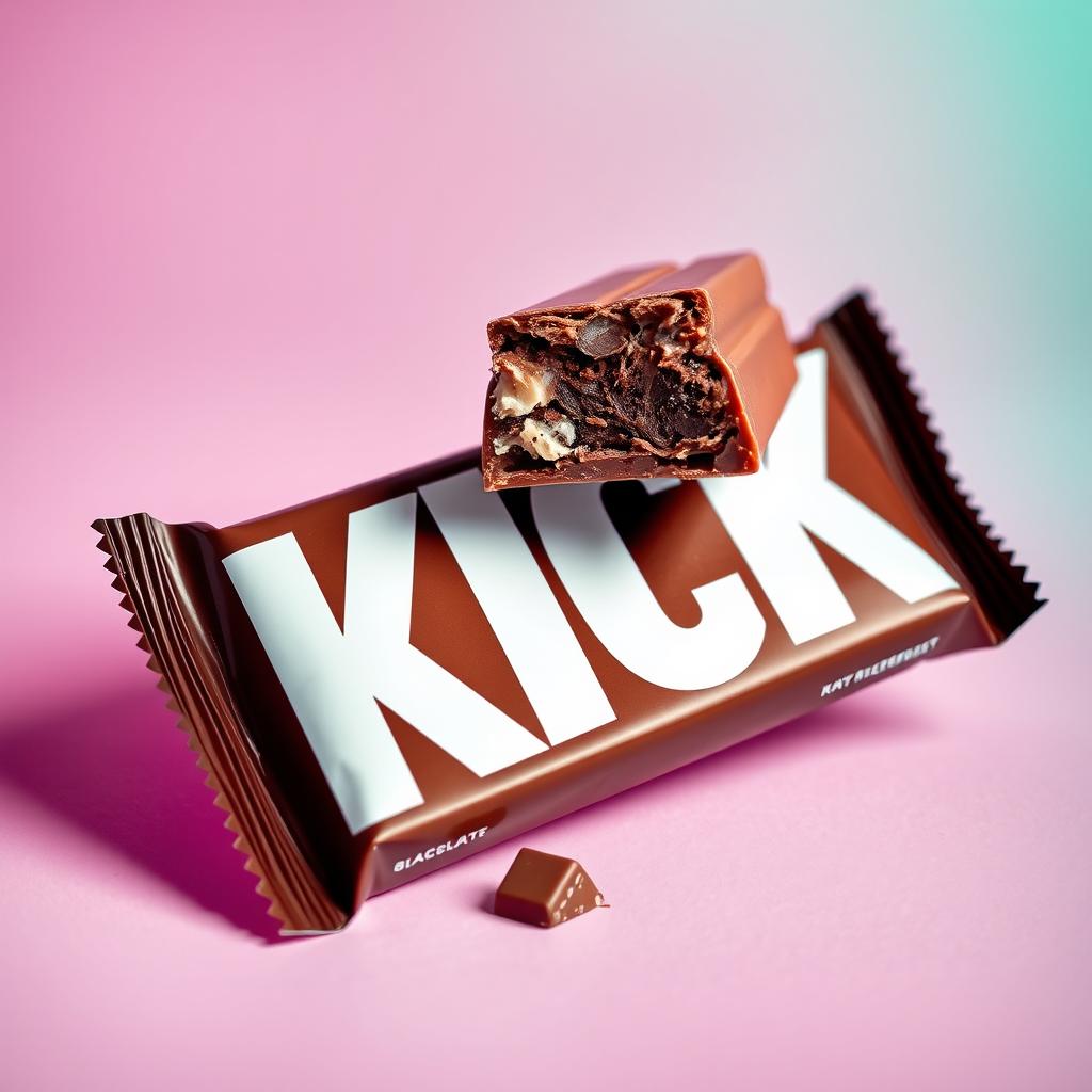 A chocolate bar packaging design featuring prominent white letters spelling 'KICK' on the front