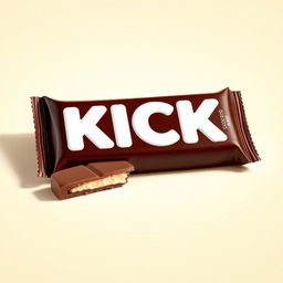 A chocolate bar packaging design featuring prominent white letters spelling 'KICK' on the front