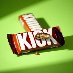 A chocolate bar packaging design featuring prominent white letters spelling 'KICK' on the front