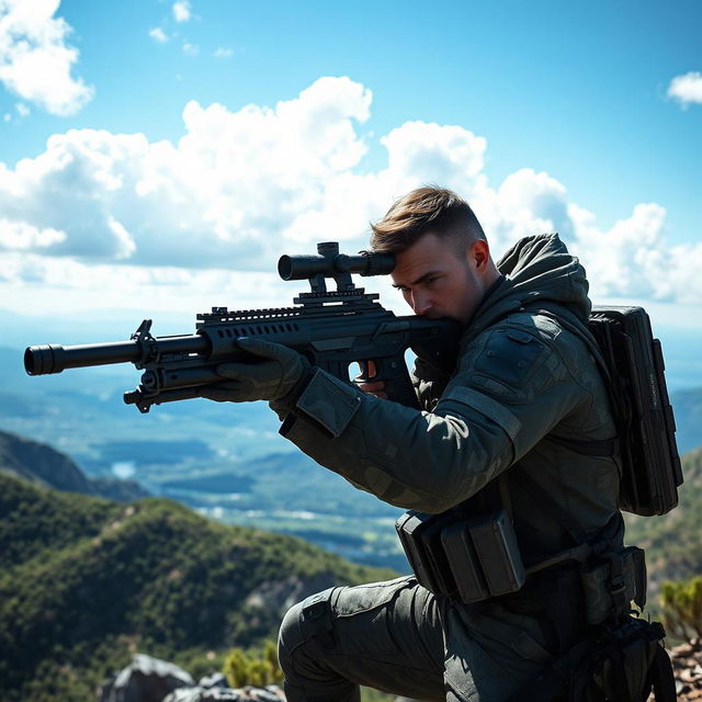 A futuristic sniper engaging in a long-range shot with a sleek, high-tech rifle, positioned on a mountainous plane with a vast landscape in the background