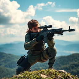 A futuristic sniper engaging in a long-range shot with a sleek, high-tech rifle, positioned on a mountainous plane with a vast landscape in the background