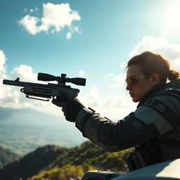 A futuristic sniper engaging in a long-range shot with a sleek, high-tech rifle, positioned on a mountainous plane with a vast landscape in the background