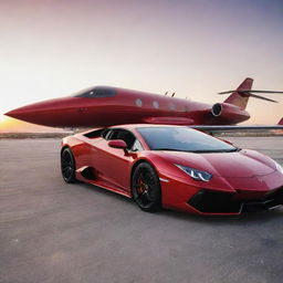 Two best friends, casually leaning against their shiny red Lamborghini, with their sleek private jet parked behind them under the sunset sky.