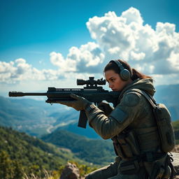 A futuristic sniper engaging in a long-range shot with a sleek, high-tech rifle, positioned on a mountainous plane with a vast landscape in the background