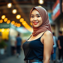 A confident Asian woman wearing a stylish hijab, showcasing her vibrant personality