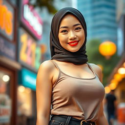 A confident Asian woman wearing a stylish hijab, showcasing her vibrant personality