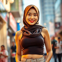 A confident Asian woman wearing a stylish hijab, showcasing her vibrant personality