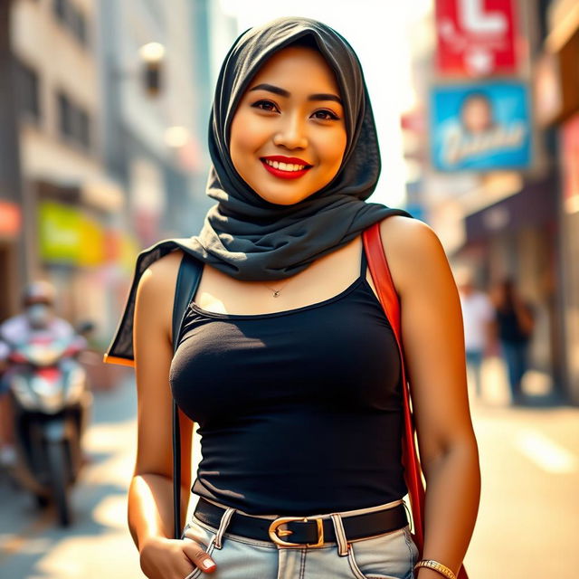 A confident Asian woman wearing a stylish hijab, showcasing her vibrant personality