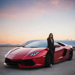 Two best friends, casually leaning against their shiny red Lamborghini, with their sleek private jet parked behind them under the sunset sky.