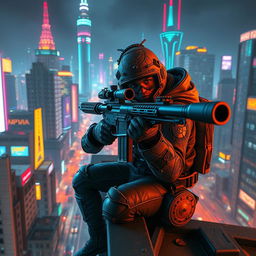 A skilled sniper in a futuristic cityscape inspired by a steampunk aesthetic, wearing a high-tech combat suit with intricate designs, a sleek rifle equipped with advanced optics, perched on a rooftop overlooking the vibrant neon-lit streets of the city