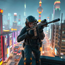 A skilled sniper in a futuristic cityscape inspired by a steampunk aesthetic, wearing a high-tech combat suit with intricate designs, a sleek rifle equipped with advanced optics, perched on a rooftop overlooking the vibrant neon-lit streets of the city