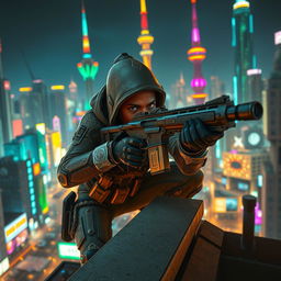 A skilled sniper in a futuristic cityscape inspired by a steampunk aesthetic, wearing a high-tech combat suit with intricate designs, a sleek rifle equipped with advanced optics, perched on a rooftop overlooking the vibrant neon-lit streets of the city