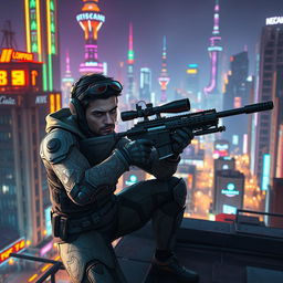 A skilled sniper in a futuristic cityscape inspired by a steampunk aesthetic, wearing a high-tech combat suit with intricate designs, a sleek rifle equipped with advanced optics, perched on a rooftop overlooking the vibrant neon-lit streets of the city