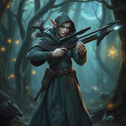 An Arcane sniper character for a Dungeons & Dragons setting, depicted as an elven ranger with a mystical twist