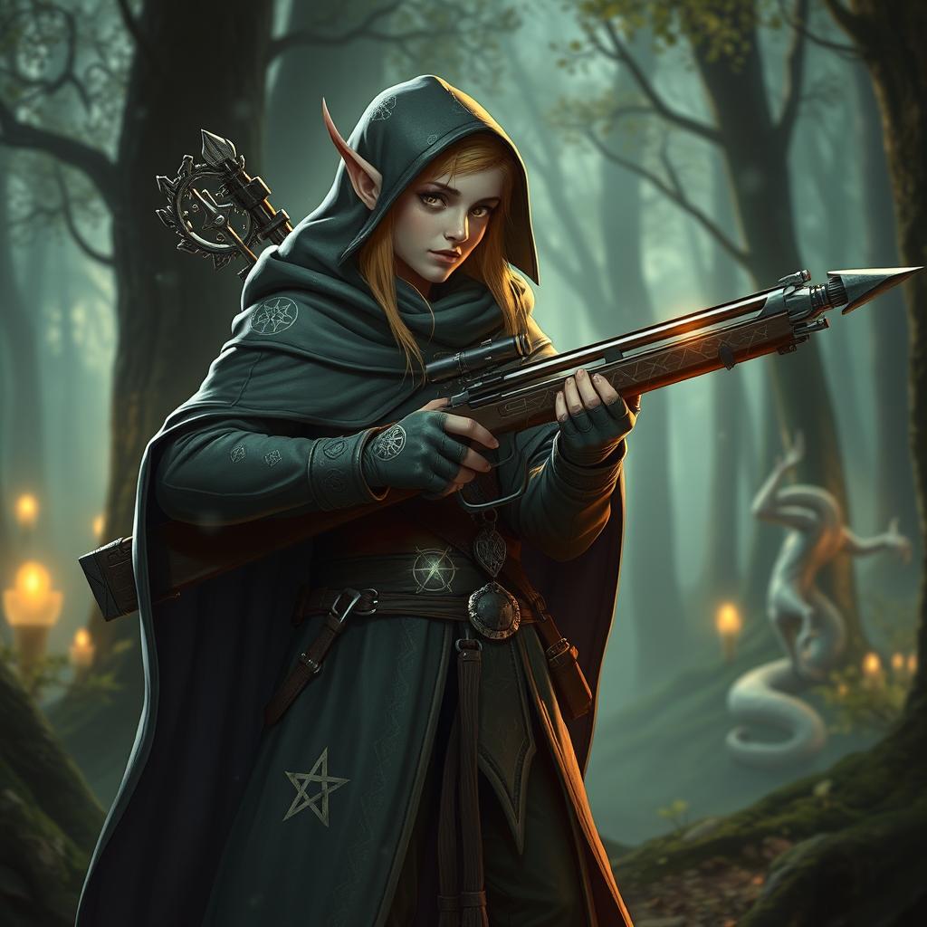 An Arcane sniper character for a Dungeons & Dragons setting, depicted as an elven ranger with a mystical twist