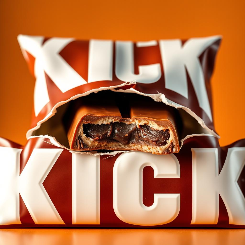 A chocolate bar packaging design featuring bold white letters that spell 'KICK' prominently displayed on the front