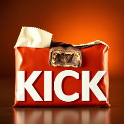 A chocolate bar packaging design featuring bold white letters that spell 'KICK' prominently displayed on the front