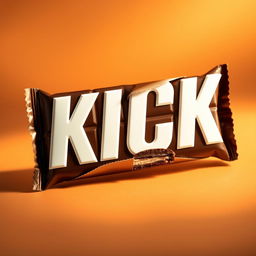 A chocolate bar packaging design featuring bold white letters that spell 'KICK' prominently displayed on the front