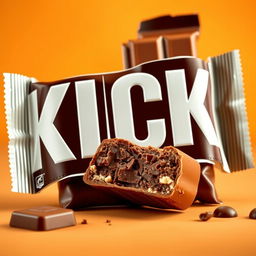 A chocolate bar packaging design featuring bold white letters that spell 'KICK' prominently displayed on the front