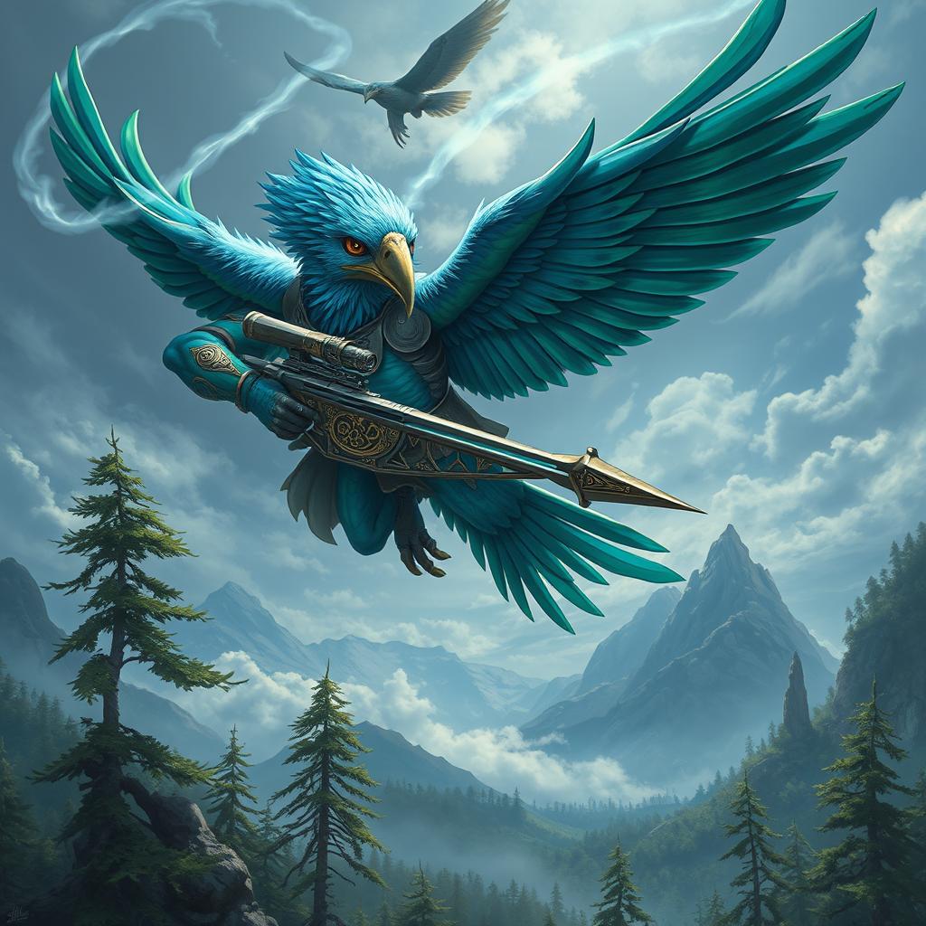 An Aarakocra Arcane sniper character for a Dungeons & Dragons setting, depicted as a majestic bird-like humanoid with vibrant plumage in shades of blue and green