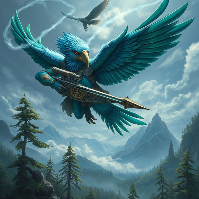 An Aarakocra Arcane sniper character for a Dungeons & Dragons setting, depicted as a majestic bird-like humanoid with vibrant plumage in shades of blue and green