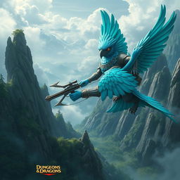 An Aarakocra Arcane sniper character for a Dungeons & Dragons setting, depicted as a majestic bird-like humanoid with vibrant plumage in shades of blue and green