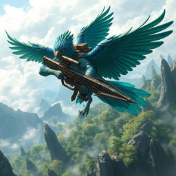 An Aarakocra Arcane sniper character for a Dungeons & Dragons setting, depicted as a majestic bird-like humanoid with vibrant plumage in shades of blue and green